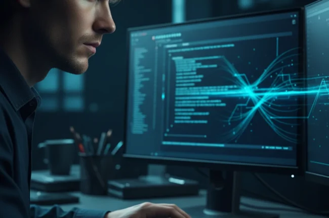 Иллюстрация к статье «Как установить Kimi CLI для работы с API: инструкция для разработчиков» — Сосредоточенный разработчик славянской внешности (восточно-ев…