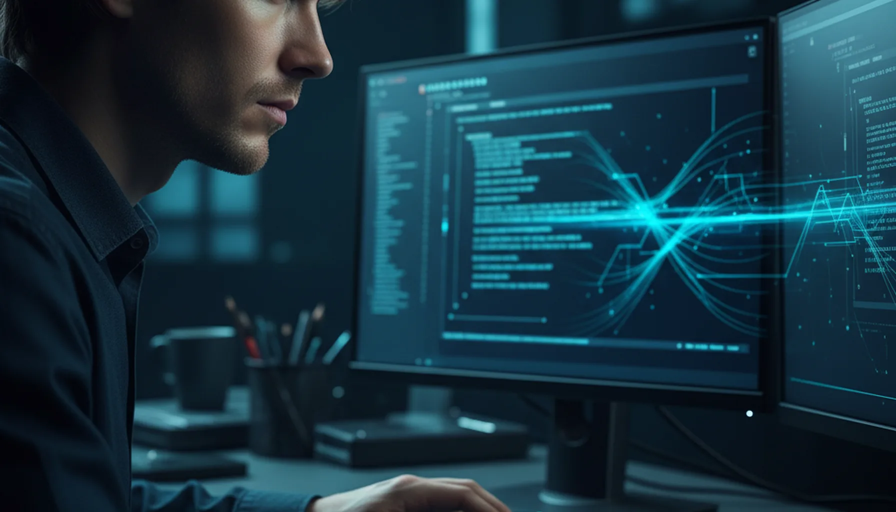 Иллюстрация к статье «Как установить Kimi CLI для работы с API: инструкция для разработчиков» — Сосредоточенный разработчик славянской внешности (восточно-ев…