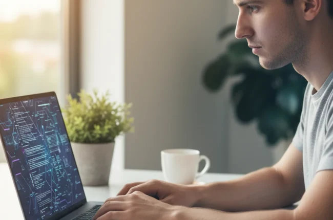 Иллюстрация к статье «Как установить Kimi CLI за 5 минут: пошаговая инструкция» — A focused young male developer with Eastern European facial features sittin…