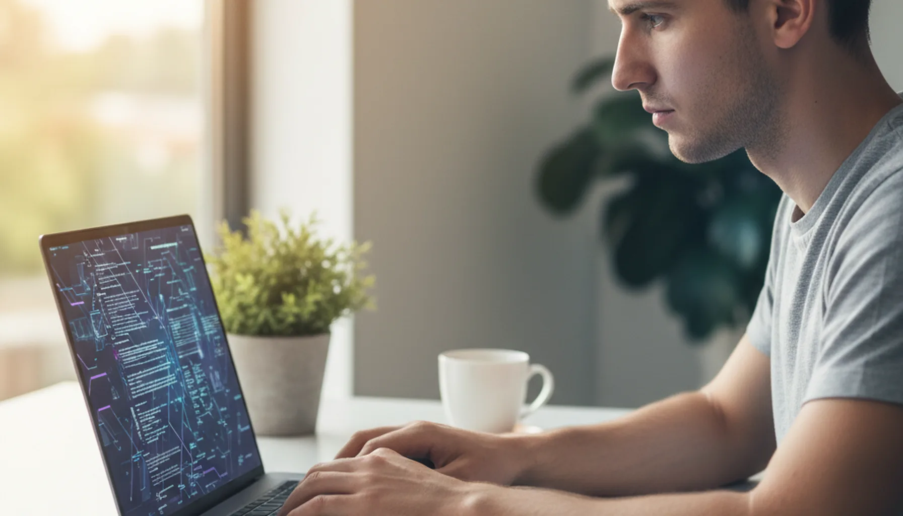 Иллюстрация к статье «Как установить Kimi CLI за 5 минут: пошаговая инструкция» — A focused young male developer with Eastern European facial features sittin…