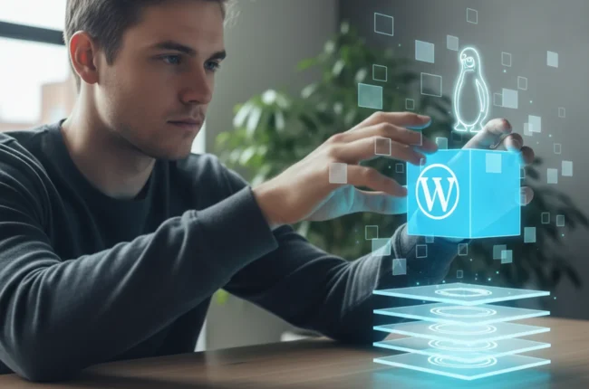 Иллюстрация к статье «Как установить WordPress на VPS с Linux с нуля: Инструкция для начинающих» — Молодой человек славянской внешности, 20-25 лет, сосредото…