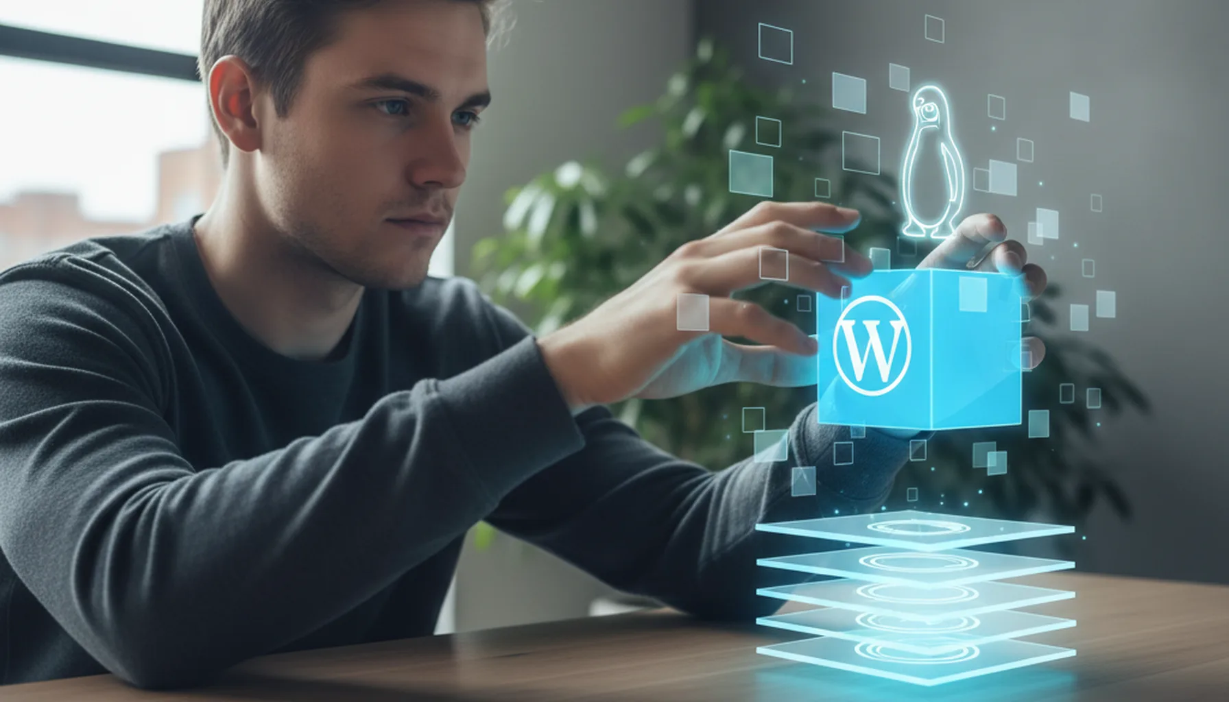 Иллюстрация к статье «Как установить WordPress на VPS с Linux с нуля: Инструкция для начинающих» — Молодой человек славянской внешности, 20-25 лет, сосредото…