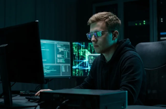 Иллюстрация к статье «Консоль Linux с нуля: Разбор основных команд для управления системой» — A focused young male system administrator with Slavic appearanc…