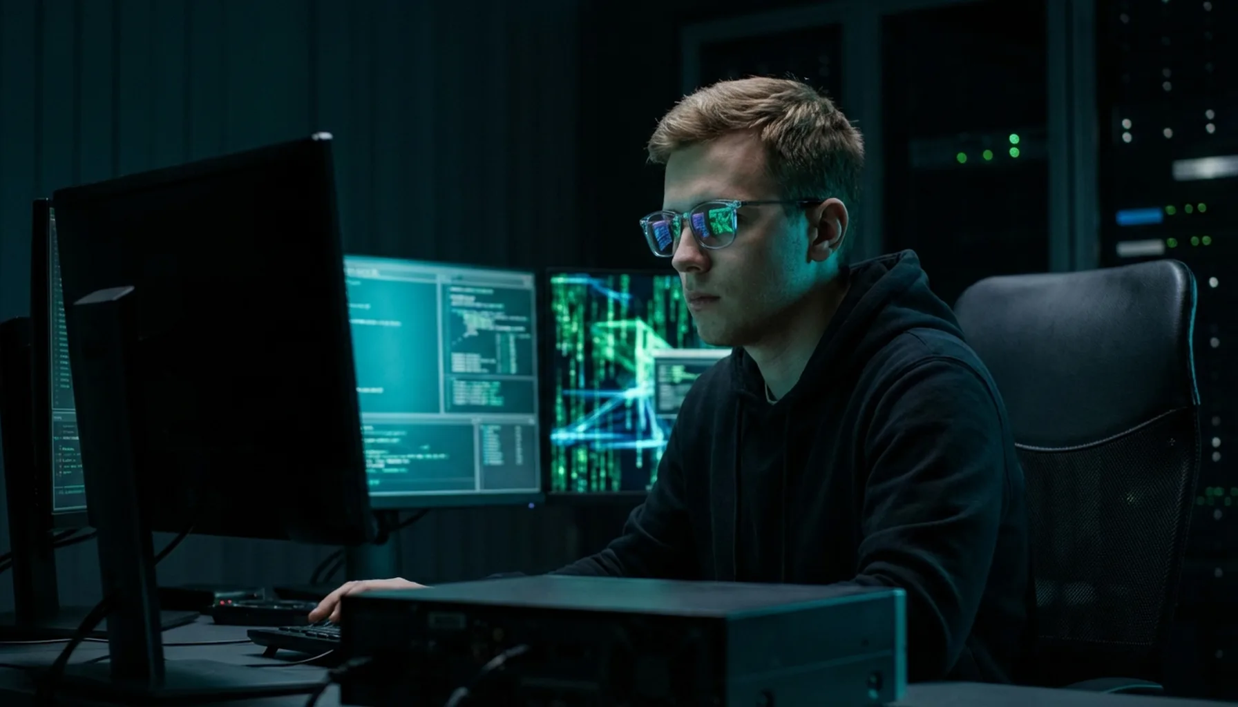 Иллюстрация к статье «Консоль Linux с нуля: Разбор основных команд для управления системой» — A focused young male system administrator with Slavic appearanc…