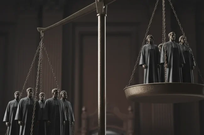 Иллюстрация к статье «Кто нас судит: детальный анализ гендерного неравенства в российской Фемиде» — Несбалансированные весы правосудия. На одной, более тяжел…