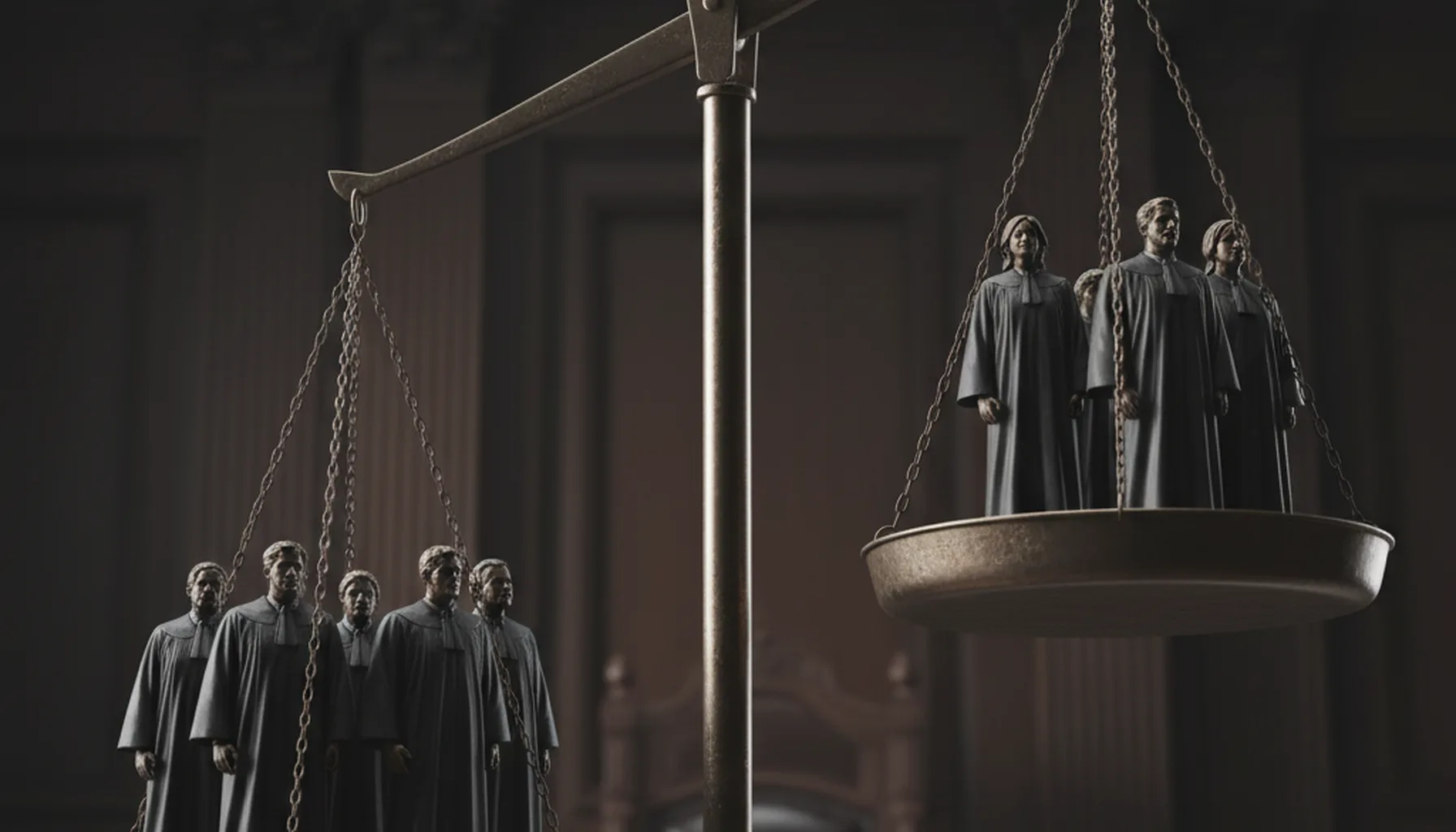 Иллюстрация к статье «Кто нас судит: детальный анализ гендерного неравенства в российской Фемиде» — Несбалансированные весы правосудия. На одной, более тяжел…