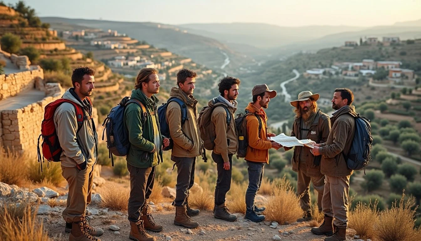 Иллюстрация к статье «Кто такие поселенцы на Западном берегу Иордана: история и современность» — A diverse group of settlers in their 30s-50s with Slavic fea…