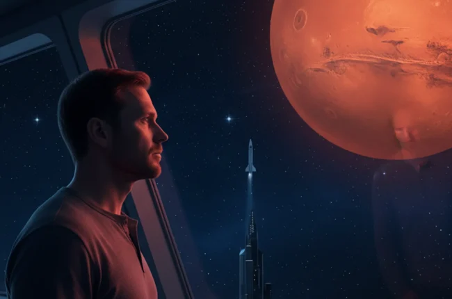 Иллюстрация к статье «Кто такой Илон Маск? 10 фактов о человеке, который отправляет людей на Марс» — Мужчина 30-35 лет со славянской внешностью, задумчиво см…