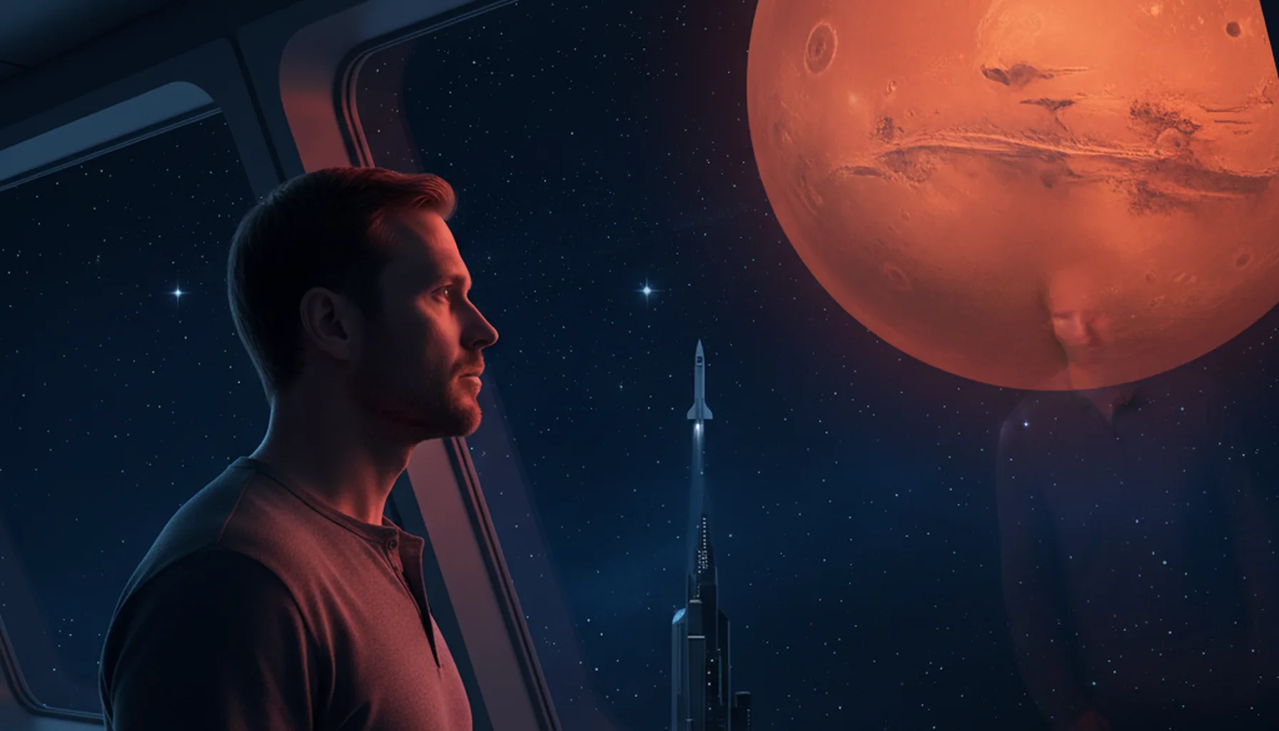 Иллюстрация к статье «Кто такой Илон Маск? 10 фактов о человеке, который отправляет людей на Марс» — Мужчина 30-35 лет со славянской внешностью, задумчиво см…