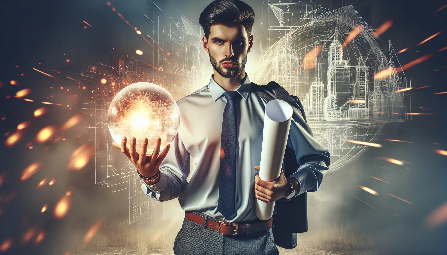 Иллюстрация к статье «Кто такой Илон Маск: визионер, предприниматель или провокатор?» — мужчина славянской внешности среднего возраста, стоящий перед футурис…