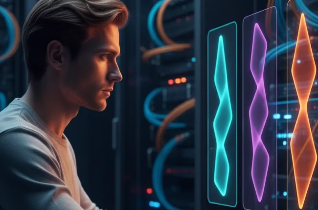 Иллюстрация к статье «Кто умнее? Большой тест производительности Opus 4.5, GPT 5.2 и Gemini 3.0» — A focused male researcher with Eastern European (Slavic) f…