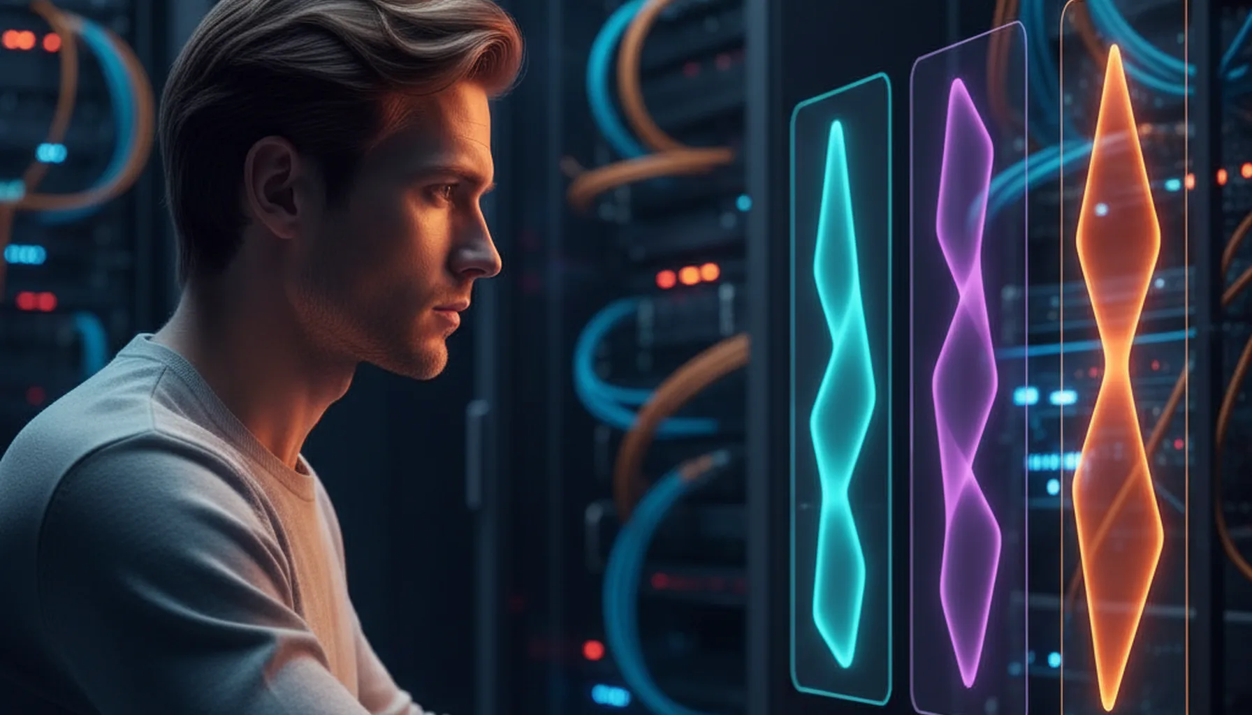 Иллюстрация к статье «Кто умнее? Большой тест производительности Opus 4.5, GPT 5.2 и Gemini 3.0» — A focused male researcher with Eastern European (Slavic) f…