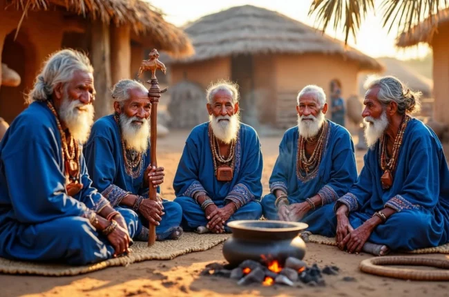 Иллюстрация к статье «Культура и традиции суданских джанджовидцев» — A group of Sudanese Daju elders in traditional attire, featuring intricately patterned i…