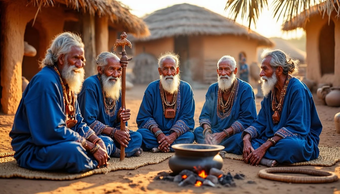 Иллюстрация к статье «Культура и традиции суданских джанджовидцев» — A group of Sudanese Daju elders in traditional attire, featuring intricately patterned i…