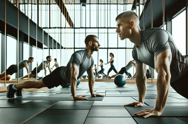 Иллюстрация к статье «Лучшие 10 упражнений для идеального пресса: программа тренировок для мужчин и женщин» — Мужчина и женщина со славянской внешностью выпо…