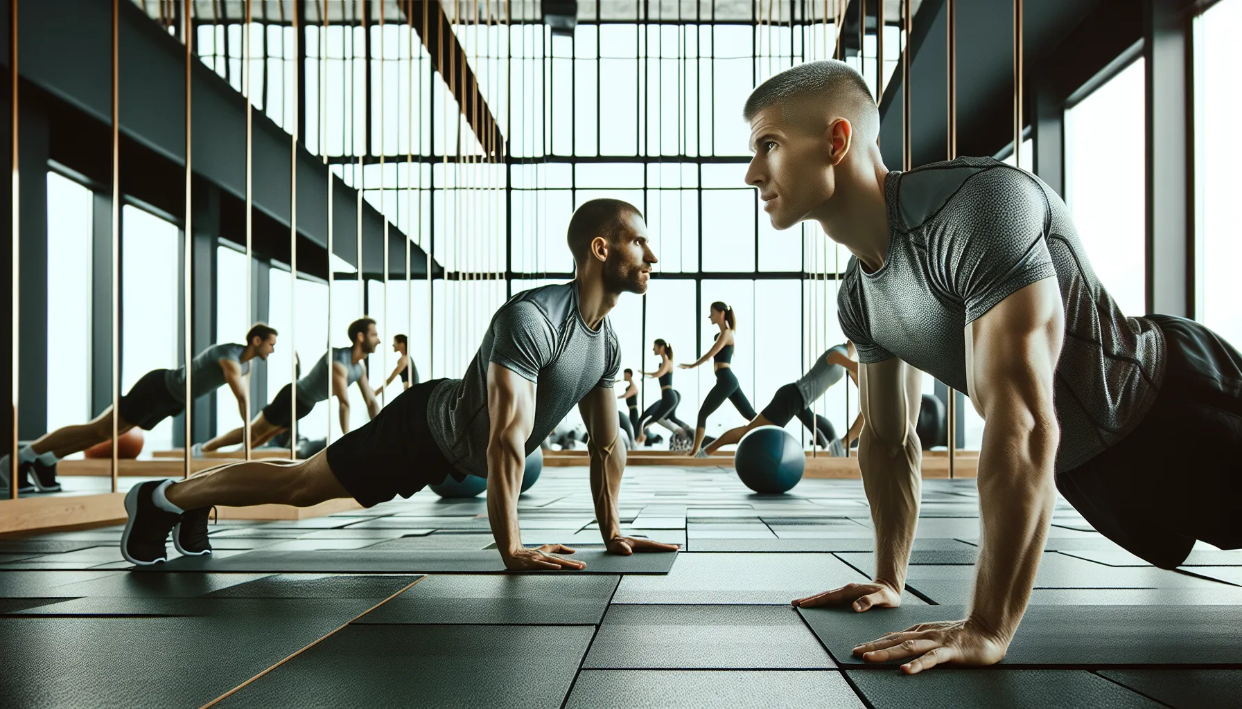 Иллюстрация к статье «Лучшие 10 упражнений для идеального пресса: программа тренировок для мужчин и женщин» — Мужчина и женщина со славянской внешностью выпо…