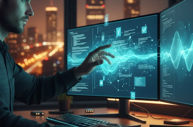 Иллюстрация к статье «Лучший ИИ для кодинга: Полный гид по выбору помощника для разработчика» — A focused male or female software developer of Eastern Europe…