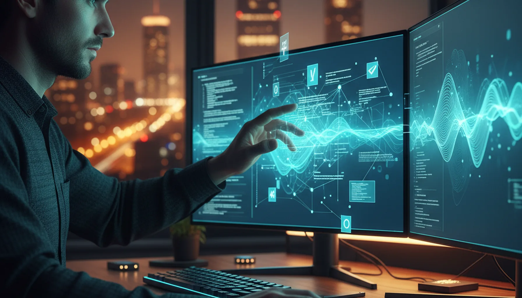 Иллюстрация к статье «Лучший ИИ для кодинга: Полный гид по выбору помощника для разработчика» — A focused male or female software developer of Eastern Europe…