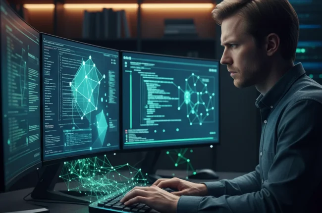 Иллюстрация к статье «Мастер-класс по Kimi CLI: подключаем нейросеть к консоли через API-ключ» — A focused software developer with Slavic features (Eastern E…