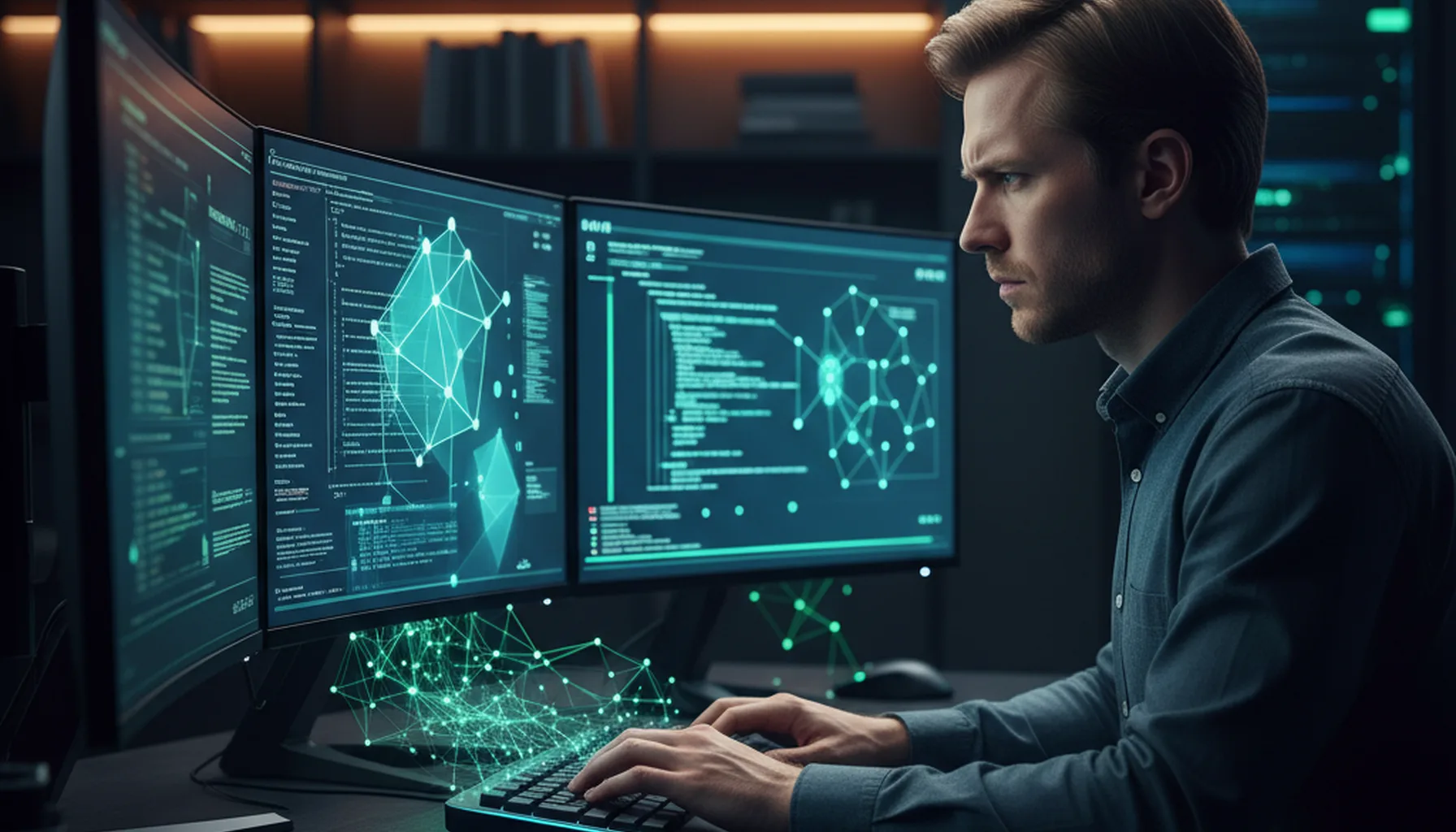 Иллюстрация к статье «Мастер-класс по Kimi CLI: подключаем нейросеть к консоли через API-ключ» — A focused software developer with Slavic features (Eastern E…