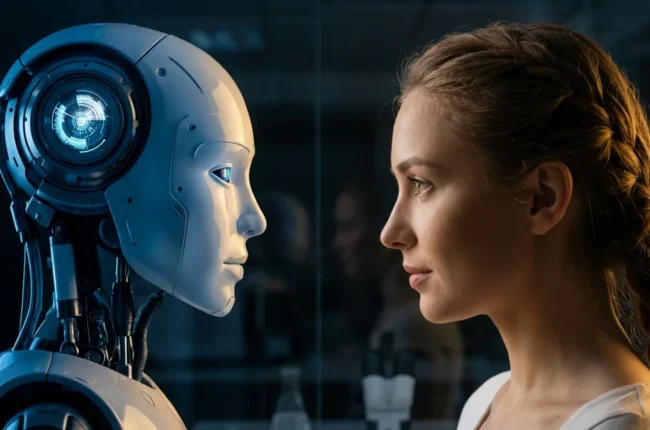 Иллюстрация к статье «Может ли машина мыслить? Разбираемся, есть ли у AI настоящее сознание» — Женщина со славянской внешностью и антропоморфный робот (андро…