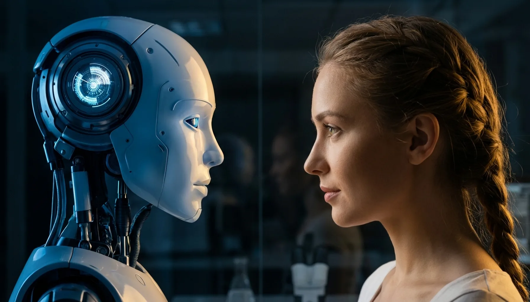 Иллюстрация к статье «Может ли машина мыслить? Разбираемся, есть ли у AI настоящее сознание» — Женщина со славянской внешностью и антропоморфный робот (андро…