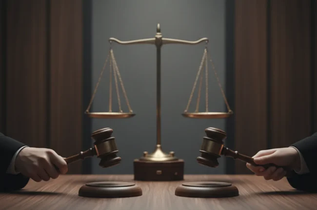 Иллюстрация к статье «Мужчины против женщин в кресле судьи: сравнительный анализ для США и Азии» — Рука мужчины и рука женщины в судейских мантиях одновремен…