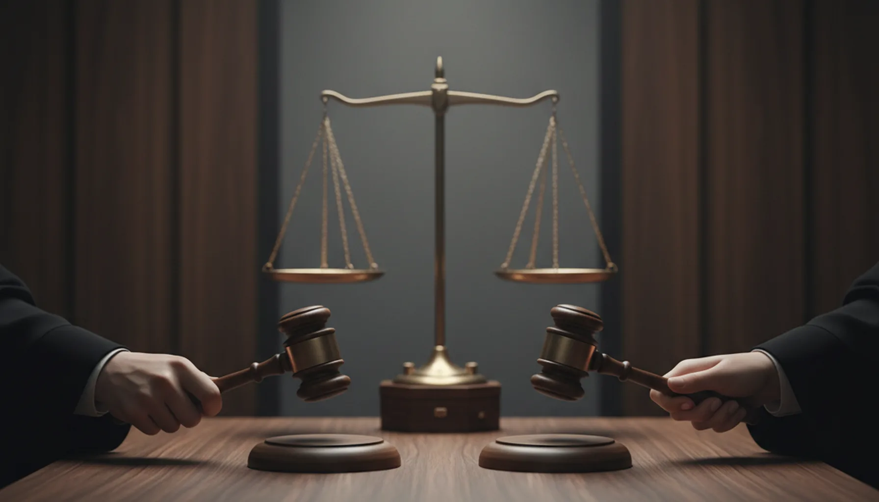 Иллюстрация к статье «Мужчины против женщин в кресле судьи: сравнительный анализ для США и Азии» — Рука мужчины и рука женщины в судейских мантиях одновремен…