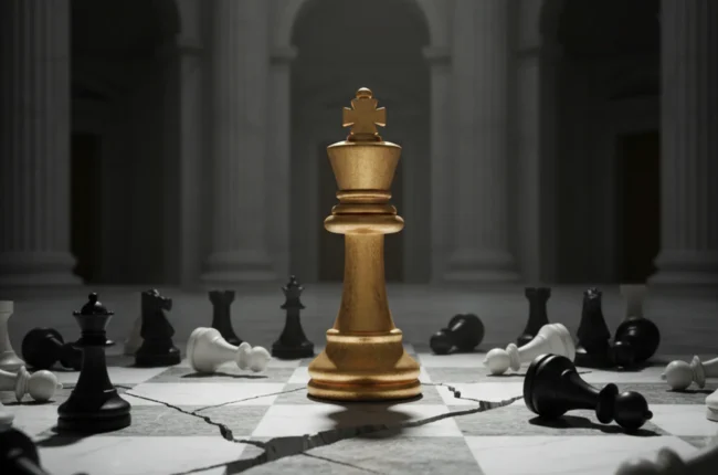 Иллюстрация к статье «Наследие Дональда Трампа: как 45-й президент навсегда изменил политику и общество США» — Символическая шахматная партия. В центре компо…