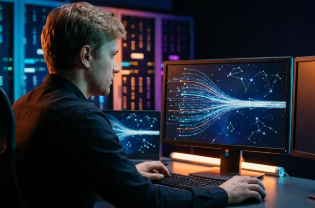 Иллюстрация к статье «Настройка окружения: Как развернуть Gemini CLI на сервере Ubuntu» — Сосредоточенный IT-инженер славянской внешности (светло-русые волос…