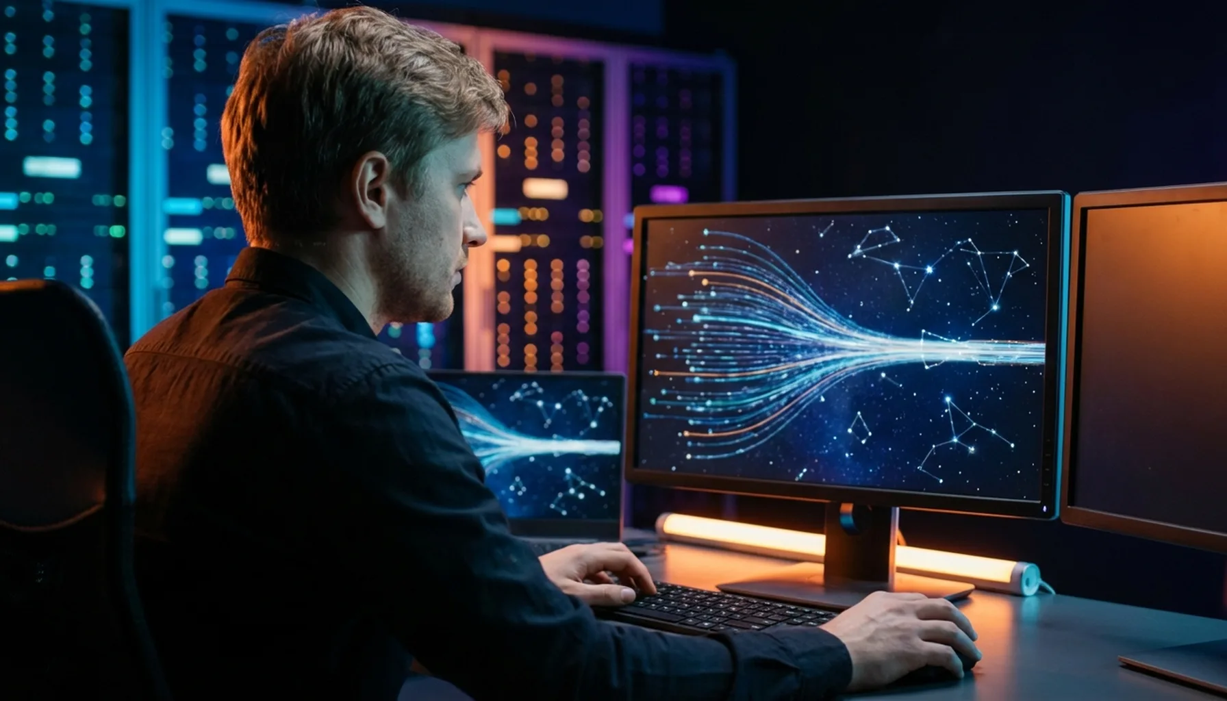 Иллюстрация к статье «Настройка окружения: Как развернуть Gemini CLI на сервере Ubuntu» — Сосредоточенный IT-инженер славянской внешности (светло-русые волос…