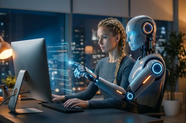 Иллюстрация к статье «Нейросети для кодинга: Рейтинг лучших AI-ассистентов разработчика на 2025 год» — Разработчик со славянской внешностью (мужчина или женщ…