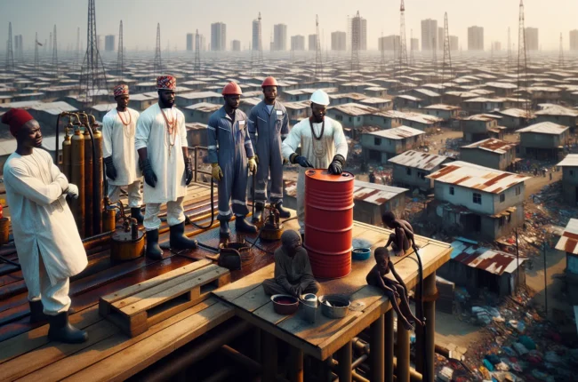 Иллюстрация к статье «Нефть и нищета: Парадокс Нигерии в контексте глобальных рынков» — жители Нигерии, работающие на нефтяной платформе, в контрасте с бедны…