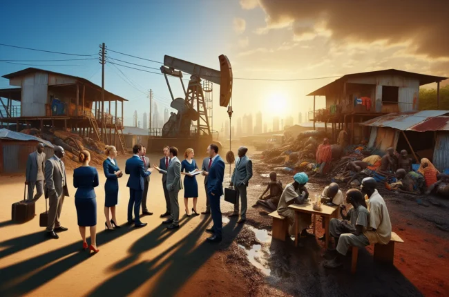 Иллюстрация к статье «Нефтяная удача Нигерии: Почему богатство не приносит процветания?» — группа людей, обсуждающих нефть и богатство на фоне нефтяной вышки…