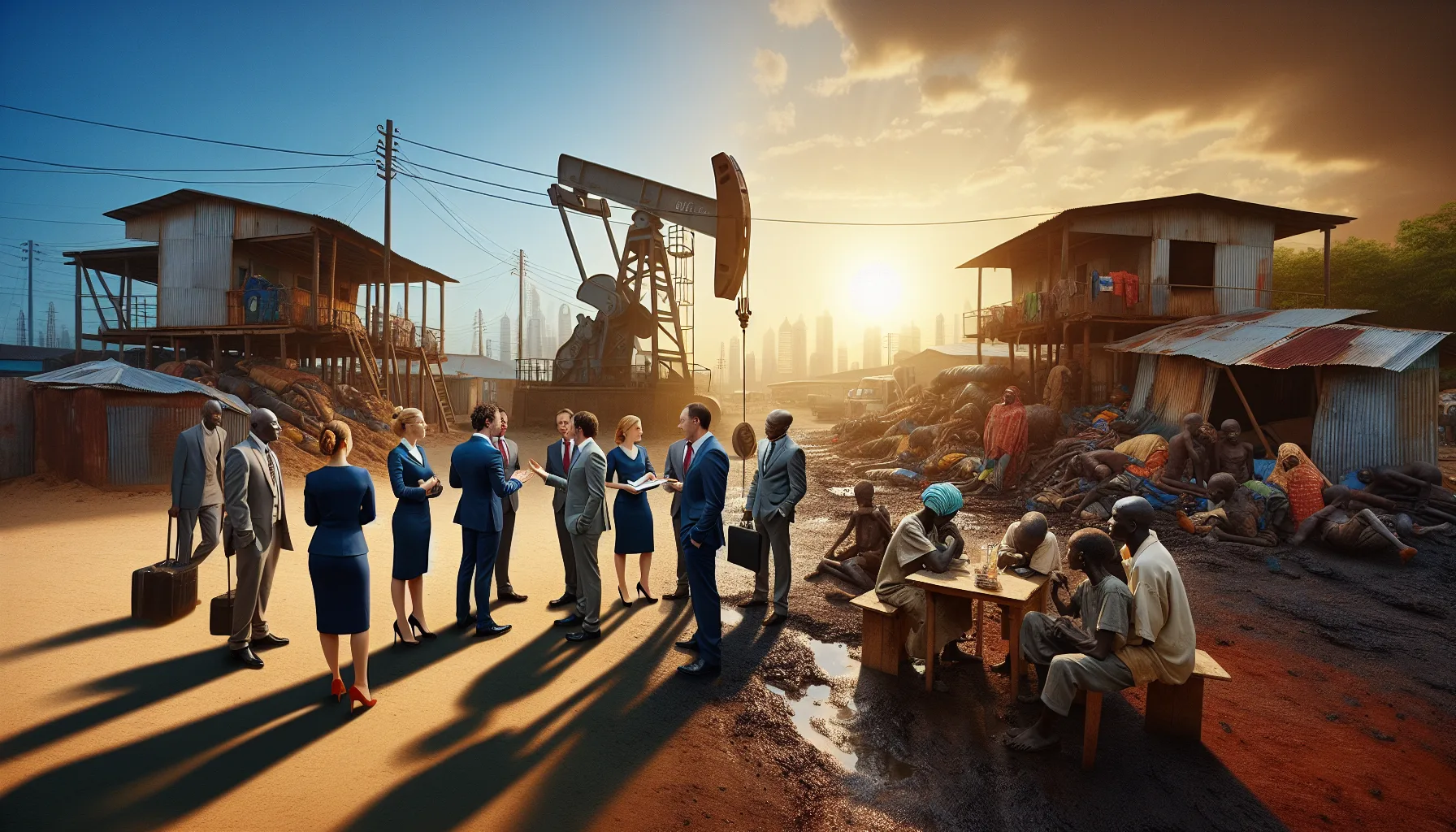 Иллюстрация к статье «Нефтяная удача Нигерии: Почему богатство не приносит процветания?» — группа людей, обсуждающих нефть и богатство на фоне нефтяной вышки…