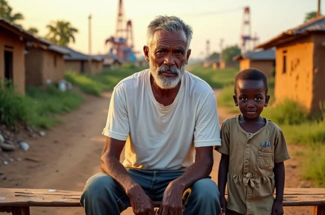 Иллюстрация к статье «Нефтяные ресурсы Нигерии: почему страна остается бедной» — A middle-aged Nigerian man with West African features, wearing a simple whit…