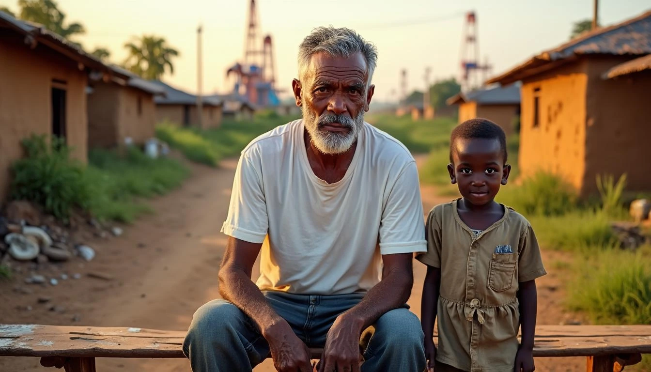 Иллюстрация к статье «Нефтяные ресурсы Нигерии: почему страна остается бедной» — A middle-aged Nigerian man with West African features, wearing a simple whit…