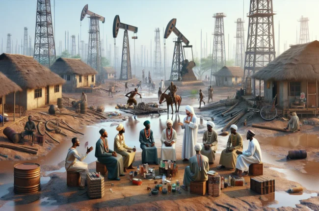 Иллюстрация к статье «Нигерия и нефть: Как природные богатства не спасают от бедности?» — группа людей, обсуждающих проблемы, связанные с нефтью и бедностью …