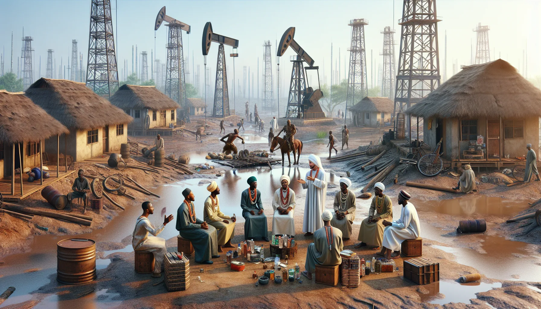 Иллюстрация к статье «Нигерия и нефть: Как природные богатства не спасают от бедности?» — группа людей, обсуждающих проблемы, связанные с нефтью и бедностью …