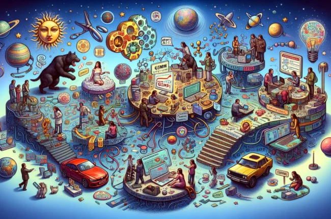 Иллюстрация к статье «Обзор Gemini API: тестирование русского текста и изображений» — молодой специалист-тестировщик славянской внешности сидит за ноутбуком …