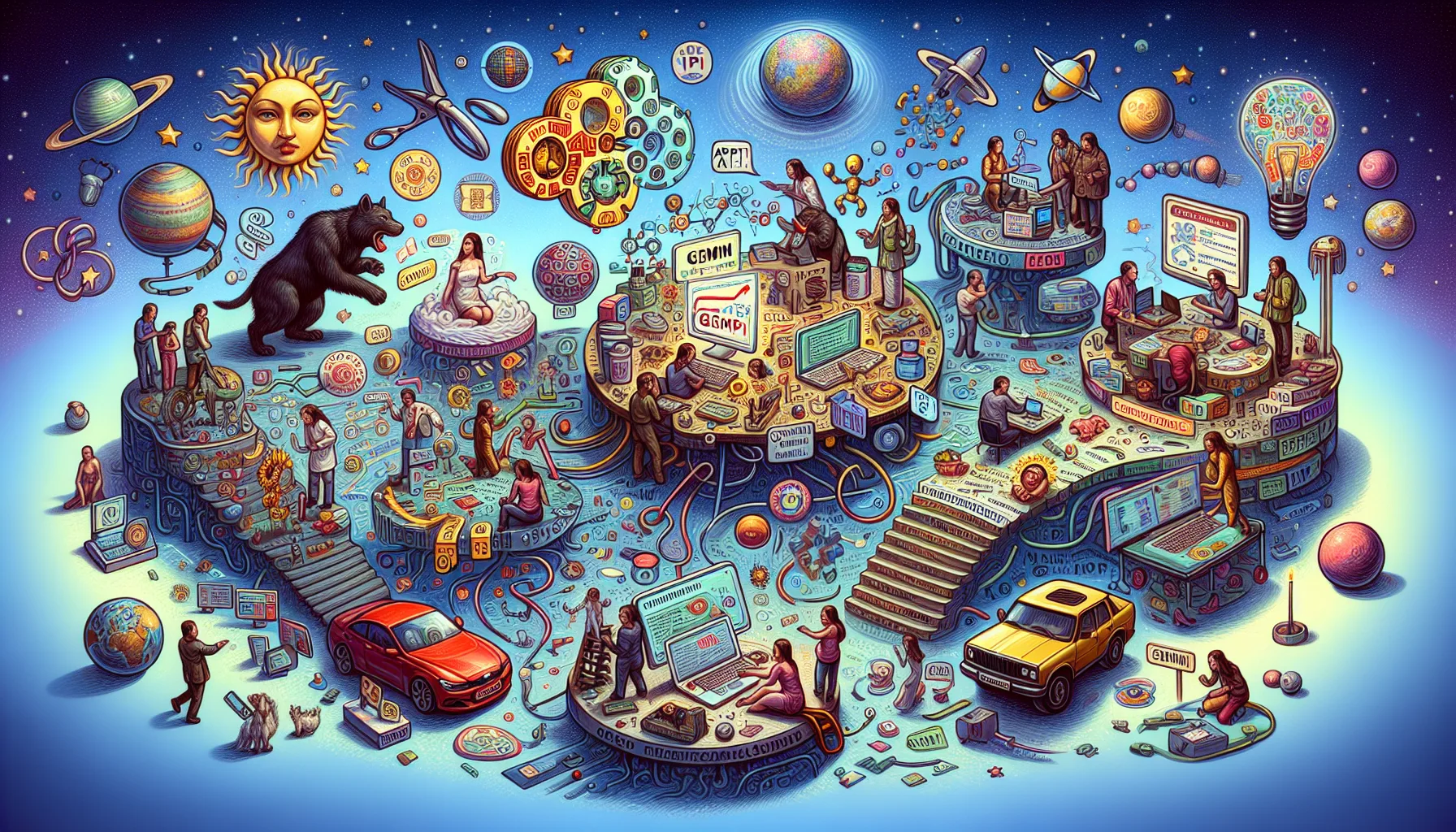 Иллюстрация к статье «Обзор Gemini API: тестирование русского текста и изображений» — молодой специалист-тестировщик славянской внешности сидит за ноутбуком …