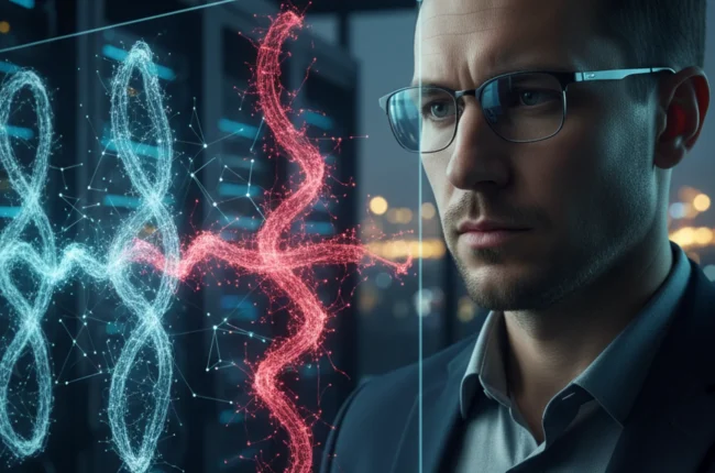 Иллюстрация к статье «Обзор Kimi AI: Китайский конкурент против GPT 5.2, Opus 4.5 и Gemini 3.0» — A professional tech analyst with Eastern European (Slavic) …