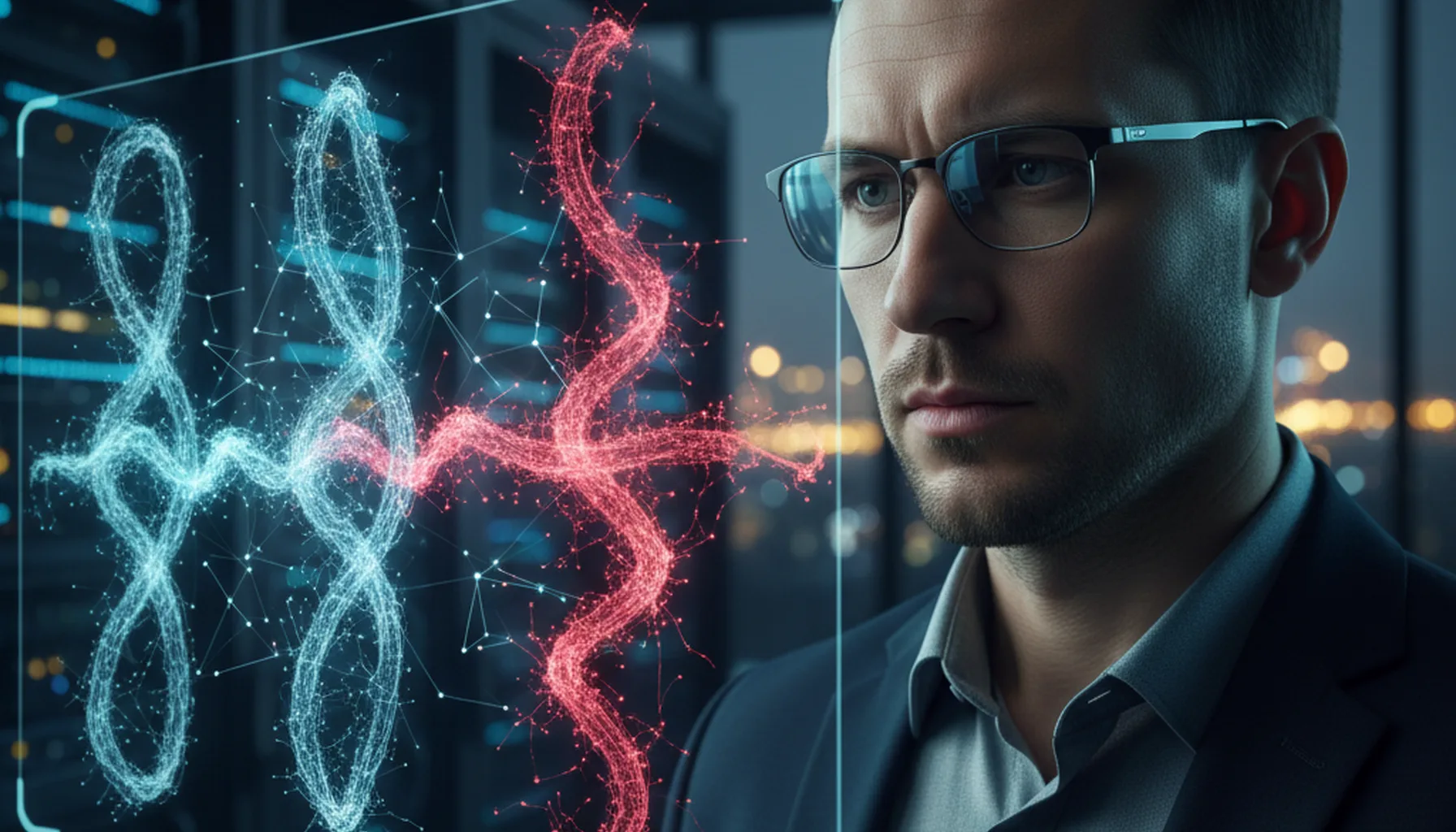 Иллюстрация к статье «Обзор Kimi AI: Китайский конкурент против GPT 5.2, Opus 4.5 и Gemini 3.0» — A professional tech analyst with Eastern European (Slavic) …