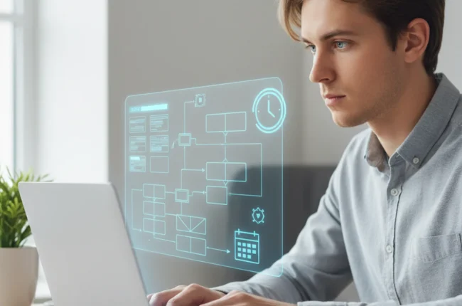 Иллюстрация к статье «Обзор Manus AI: Создаем сайт и настраиваем работу по расписанию за 5 шагов» — A focused young professional with Slavic facial features …