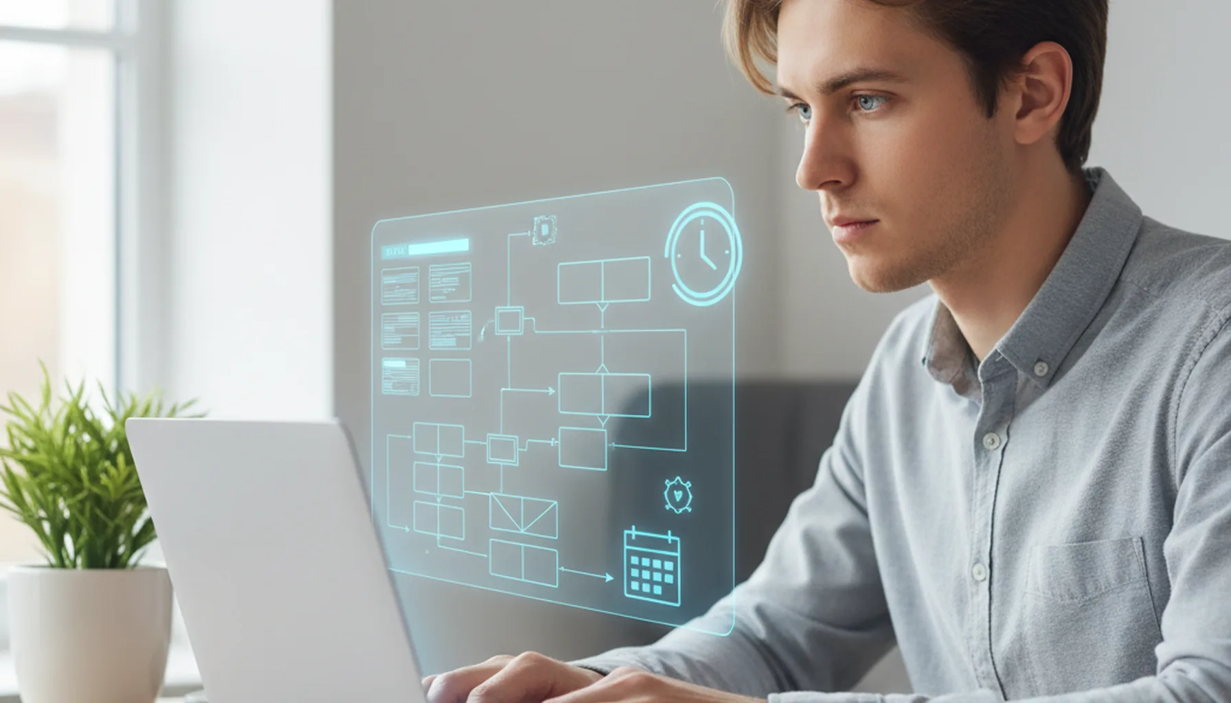 Иллюстрация к статье «Обзор Manus AI: Создаем сайт и настраиваем работу по расписанию за 5 шагов» — A focused young professional with Slavic facial features …