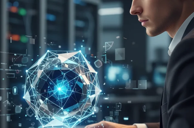 Иллюстрация к статье «Обзор Manus AI: Чем этот ИИ-агент лучше конкурентов и какие у него фишки?» — Молодой профессиональный аналитик (славянская внешность: р…