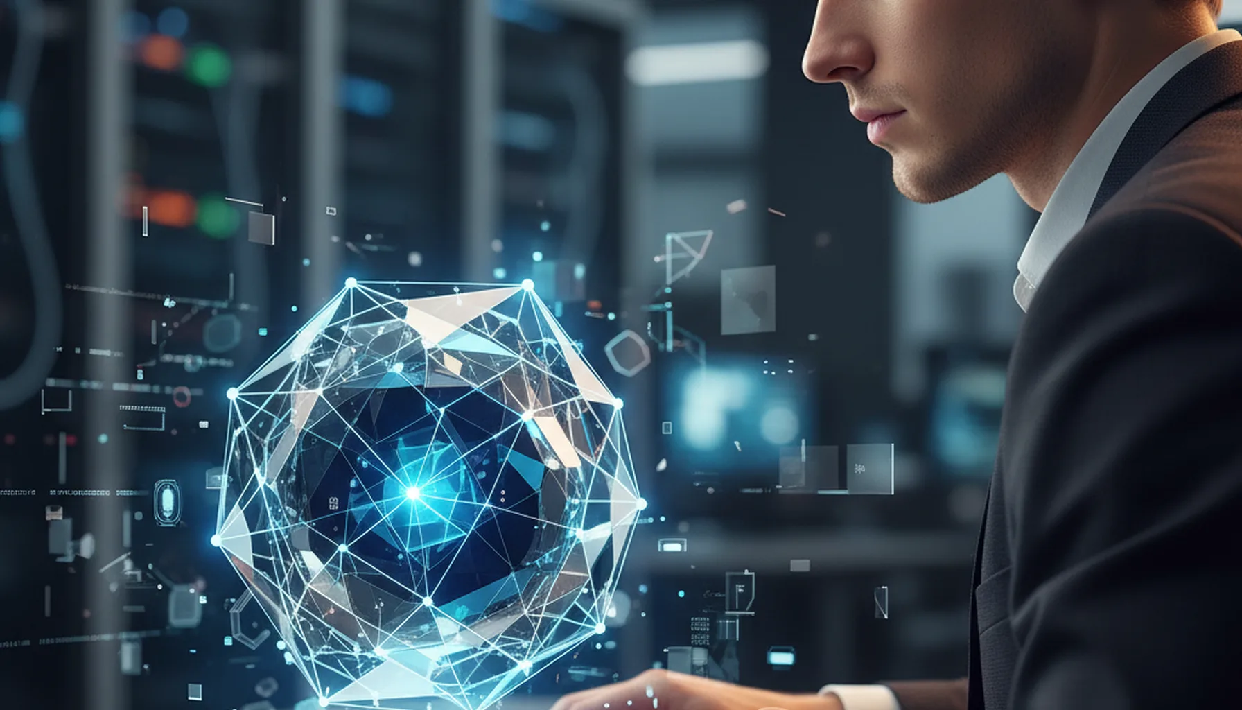 Иллюстрация к статье «Обзор Manus AI: Чем этот ИИ-агент лучше конкурентов и какие у него фишки?» — Молодой профессиональный аналитик (славянская внешность: р…