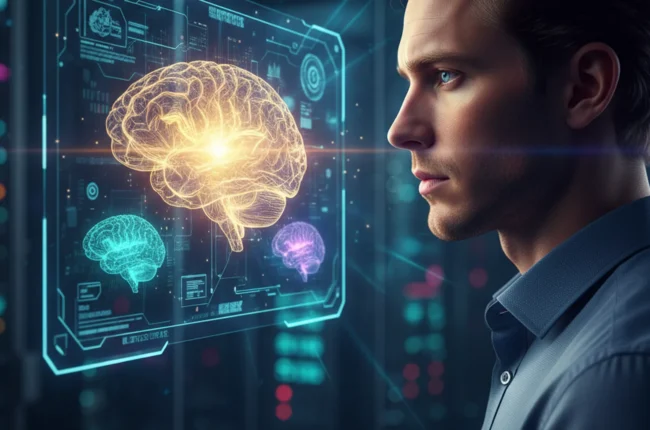 Иллюстрация к статье «Обзор Opus 4.5 от Anthropic: убийца GPT 5.2 и Gemini 3.0?» — A focused male technology analyst with Slavic features (fair skin, light b…