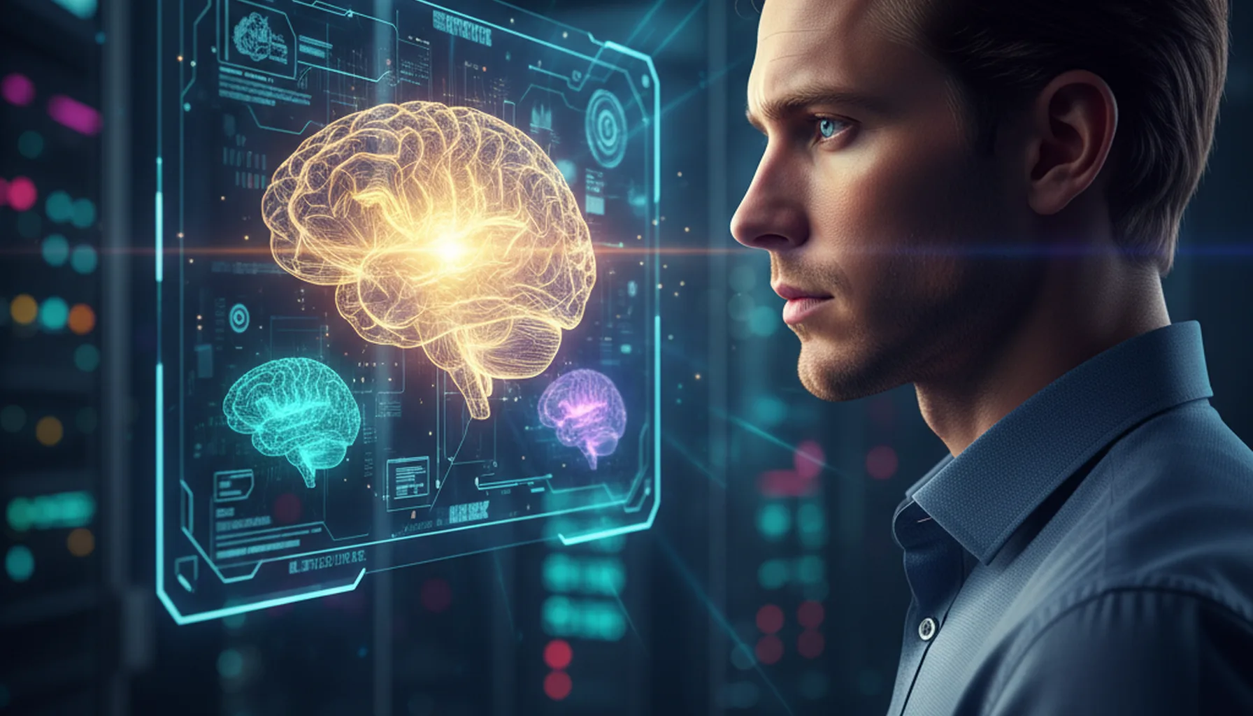 Иллюстрация к статье «Обзор Opus 4.5 от Anthropic: убийца GPT 5.2 и Gemini 3.0?» — A focused male technology analyst with Slavic features (fair skin, light b…