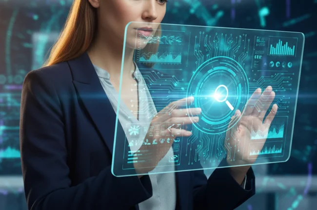 Иллюстрация к статье «Обзор Perplexity AI: Главные преимущества и сравнение с ChatGPT и Google» — A focused professional researcher with Slavic appearance (E…